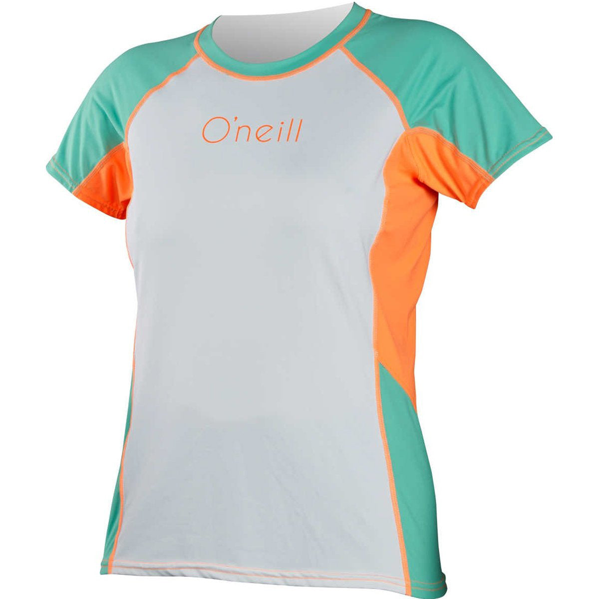 O'Neill Skins Color Block Women's Short-Sleeve Rashguard Suit - White/Spyglass/Papaya O'Neill Skins Color Block Women's Short-Sleeve Rashguard Suit - White/Spyglass/Papaya